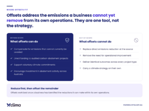 Two column comparison of what carbon offsets can and cannot do. Offsets compensate for unavoidable emissions and fund audited abatement projects, but cannot replace direct emissions reduction or carry a climate strategy alone.